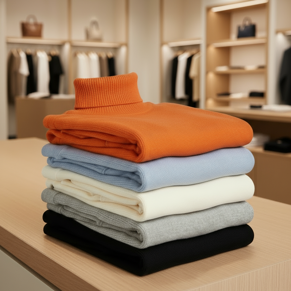 Stack of folded sweaters in various colors on a neutral background