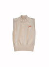 Beige sleeveless sweater vest with a embroidered small orange gb orange emoji logo on a white background