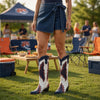 The Weekender Boot in Navy and Orange — tailgate photo