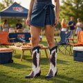 The Weekender Boot in Navy and Orange — tailgate photo